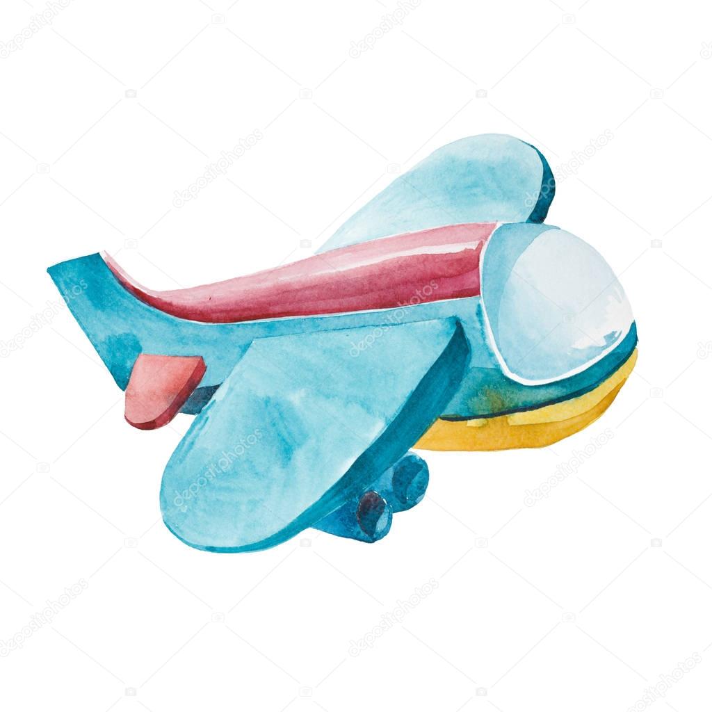 watercolor illustration of blue airplane isolated on white background