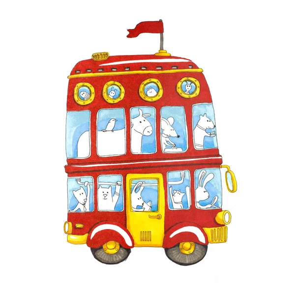 Ακουαρέλα κόκκινου διώροφο λεωφορείο των ζώων παιδιά. — Φωτογραφία Αρχείου