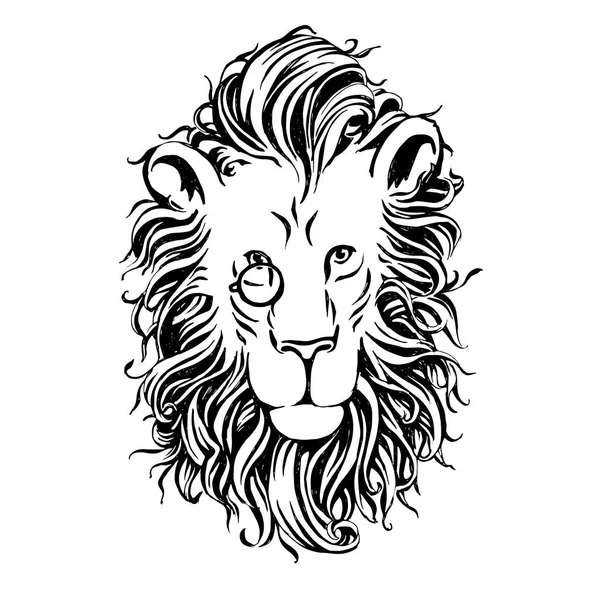 Cabeça de leão desenhada à mão de vetor com uma crina fofa —  Vetores de Stock