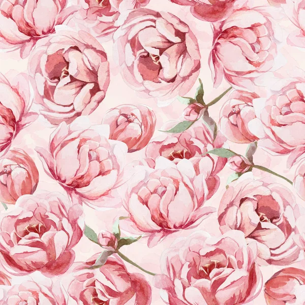 Ατελείωτες μοτίβο της υδατογραφίας, ροζ, ροζ και κόκκινο peonies και le — Φωτογραφία Αρχείου