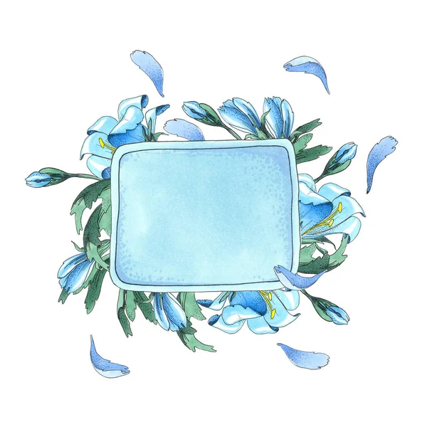 Mavi çiçek suluboya kare çerçeve — Stok fotoğraf