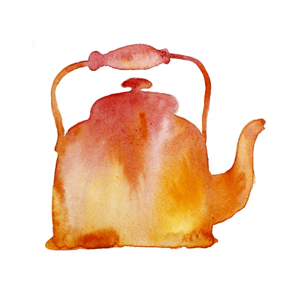 Watercolor simple silhouette of red old kettle — Stock Photo, Image