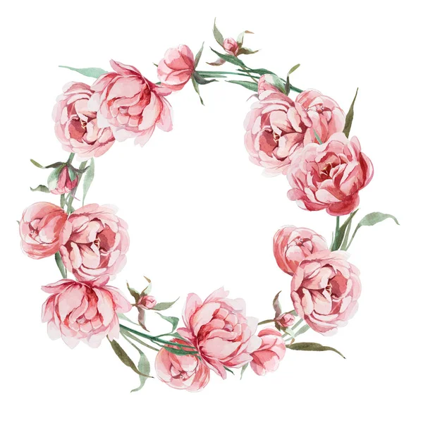 聖霊降臨祭に分離されたバラ牡丹の花の水彩画のロマンチックな花輪 — ストック写真