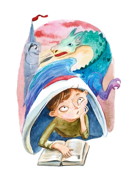 Aquarell-Illustration. der Junge mit dem Buch träumt von einem großen — Stockfoto