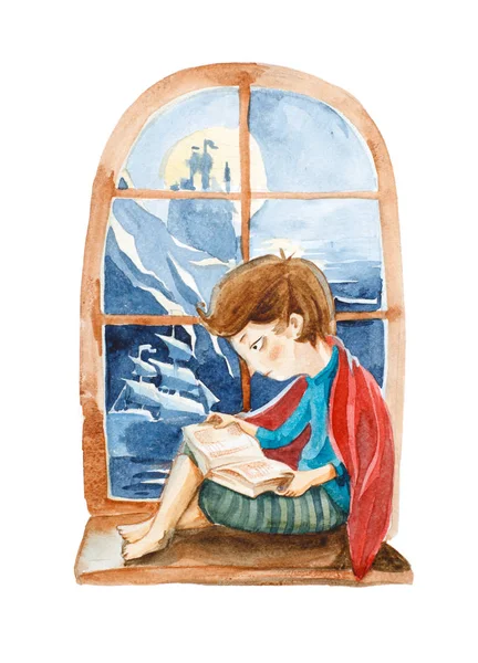 Aquarell-Illustration. der Junge mit dem Buch träumt von einem großen — Stockfoto