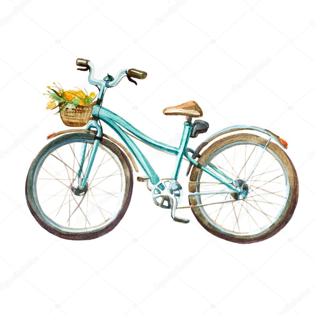 Watercolor illustration. girl's mint bicycle with basket full of