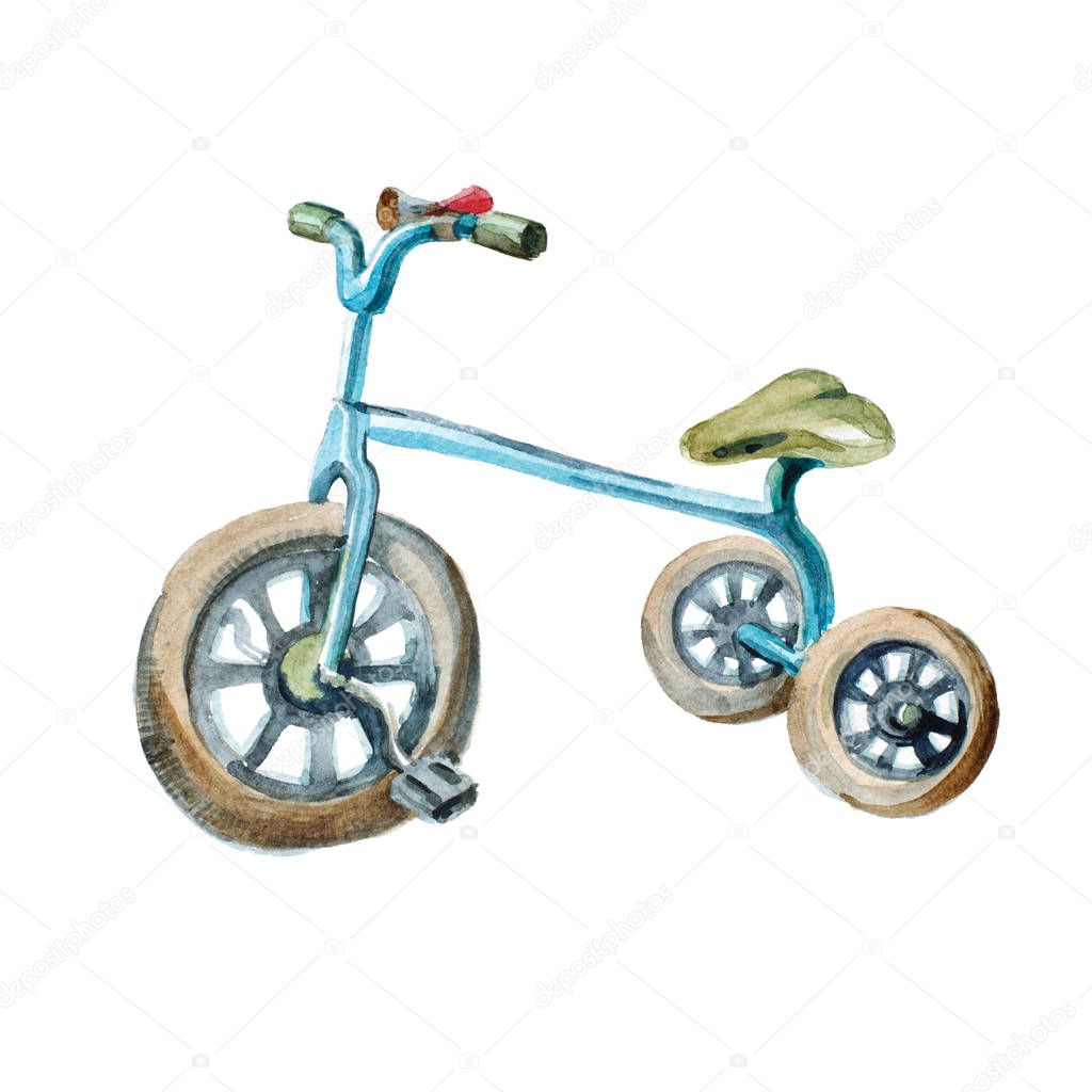 Watercolor illustration. kid's blue tricycle isolated on white b