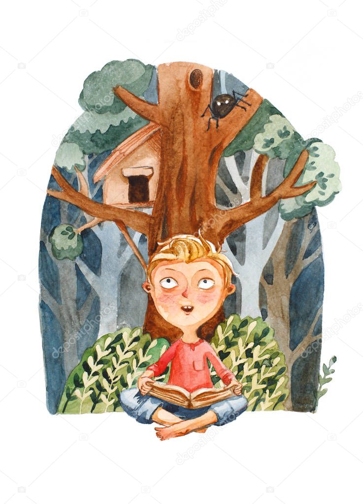 Watercolor illustration. The boy with book dreaming about Advent
