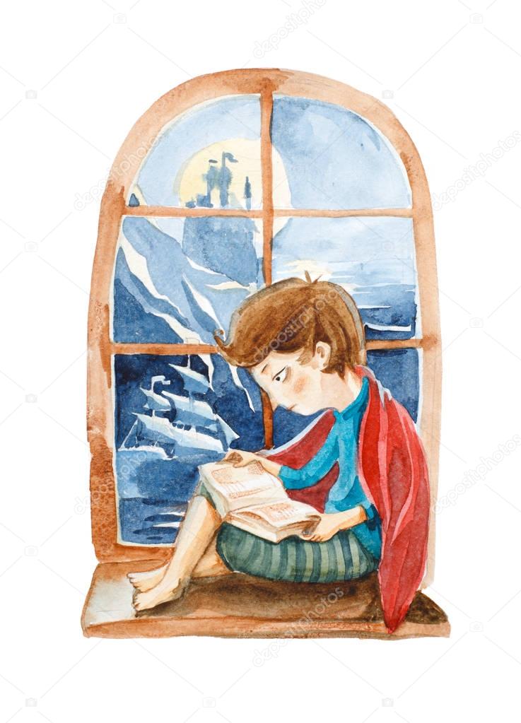 Watercolor illustration. The boy with book dreaming about a big 