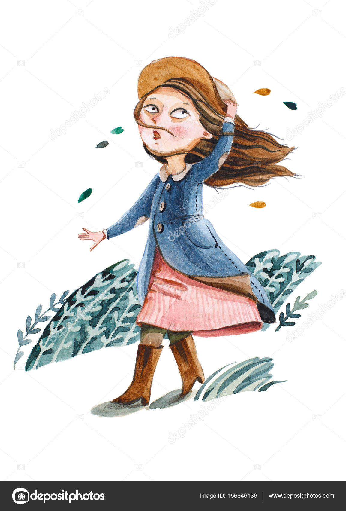 Watercolor The girl with hat in coat go for a walk