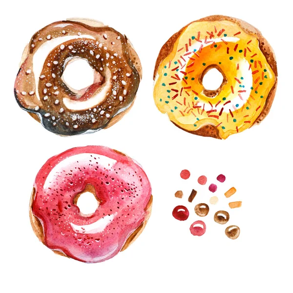 Ακουαρέλα σύνολο διαφορετικό γλυκό donuts. Το Top view — Φωτογραφία Αρχείου