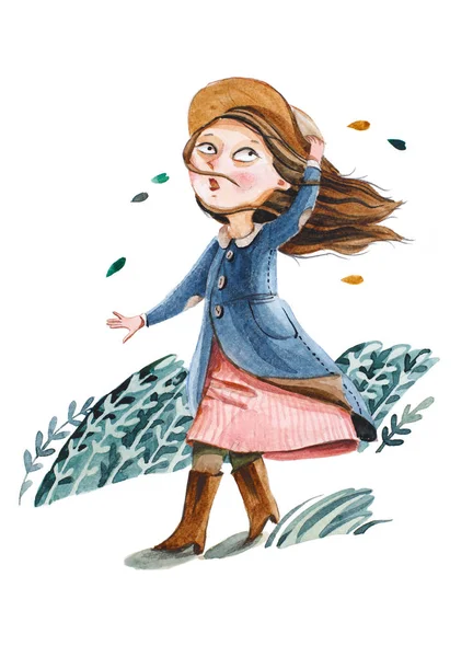 Watercolor illustration. The girl with hat in coat go for a walk — Stock Photo, Image