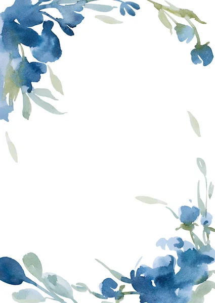 Watercolor blue flowers with gray grass on white background for — Stock Photo, Image