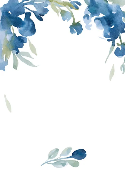 Aquarelle fleurs bleues avec herbe grise sur fond blanc pour — Photo