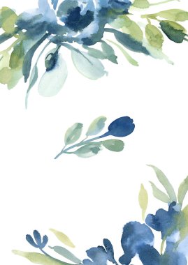 suluboya mavi çiçekler için beyaz arka planda gri çimen ile 