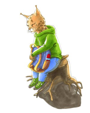 Sulu boya resim. Sevimli hayvan insanlar gibi. İnsanlaşmış anim