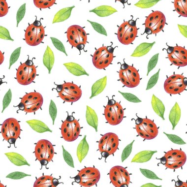 Pencil drawind seamless pattern of red bug and green leaves clipart