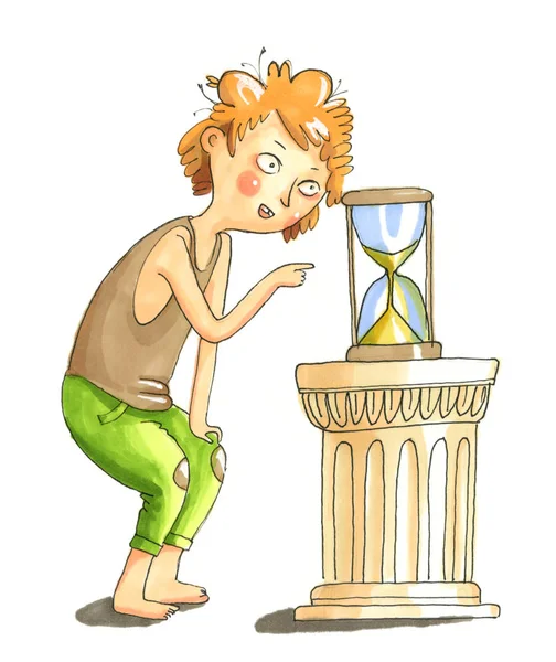 Akvarell illustration. Pojken ser på timglaset med int — Stockfoto