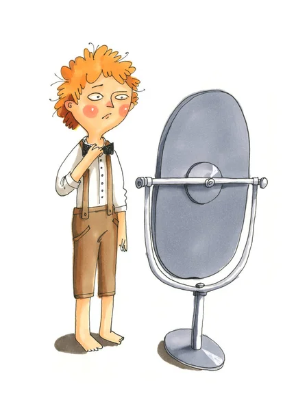 Watercolor illustration. Disgruntled boy looks in the big mirror — Stock Photo, Image