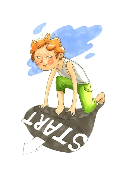 Akvarell illustration. Log pojke förbereder sig för att köra — Stockfoto