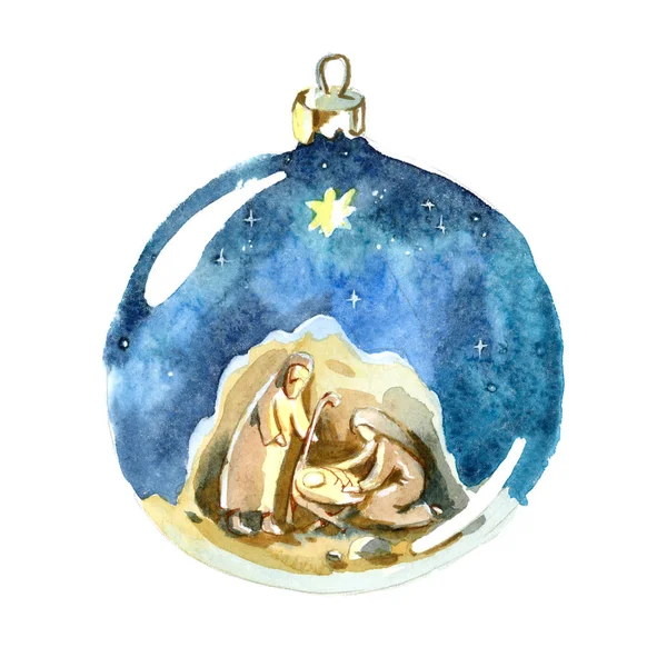 Bola de Navidad acuarela. Dibujo de la Sagrada Familia en los niños stile. Ch —  Fotos de Stock
