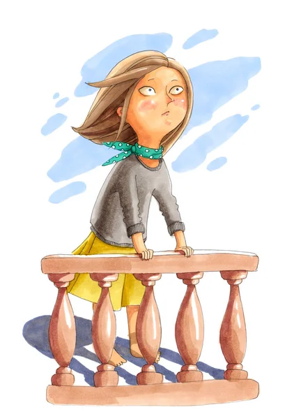 Watercolor illustration. The girl is standing near the handrail — Stock Photo, Image