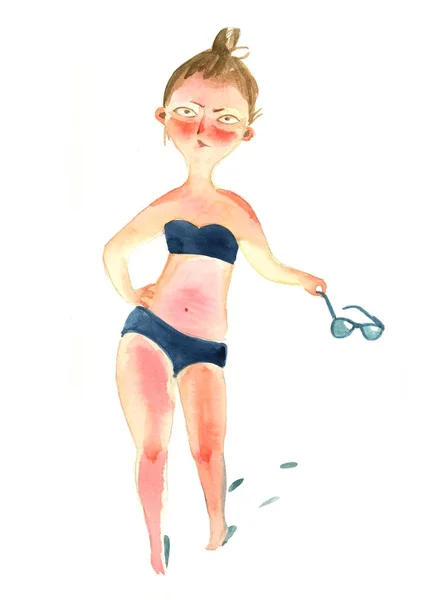 Illustrazione ad acquerello. Insoddisfatta donna paffuto scottato dal sole in un — Foto Stock