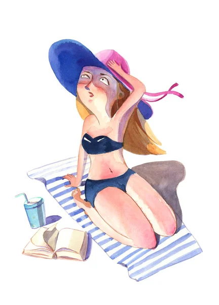 Акварельна ілюстрація. Сонячно-горіла жінка в купальнику — стокове фото