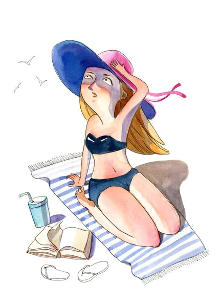 Watercolor illustration. Pensive sunburnt woman in a swimsuit si — Stock Photo, Image