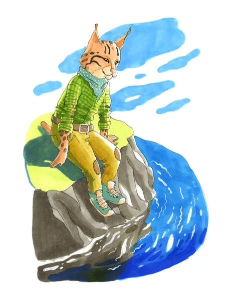 Marker illüstrasyon. Sevimli hayvan insanlar gibi. İnsanlaşmış hayvan. 