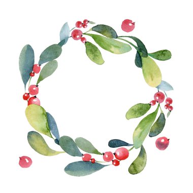 Yeşil dal, yaprak ve berry suluboya Noel çelenk