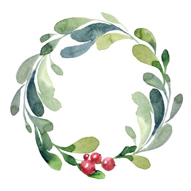 Yeşil dal, yaprak ve berry suluboya Noel çelenk