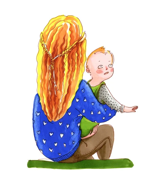 Watercolor illustration for coloring book. Mother with long hair — Stock Photo, Image