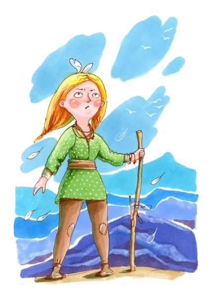Ilustración en acuarela. Chica pelirroja de pie en la colina — Foto de Stock