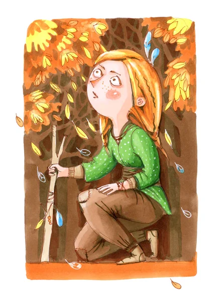 Aquarell-Illustration. Mädchen sitzt im Wald — Stockfoto