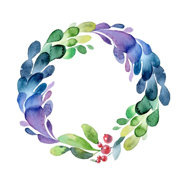 A zöld ág, a levelek és a bogyó akvarell Karácsonyi koszorú — Stock Fotó
