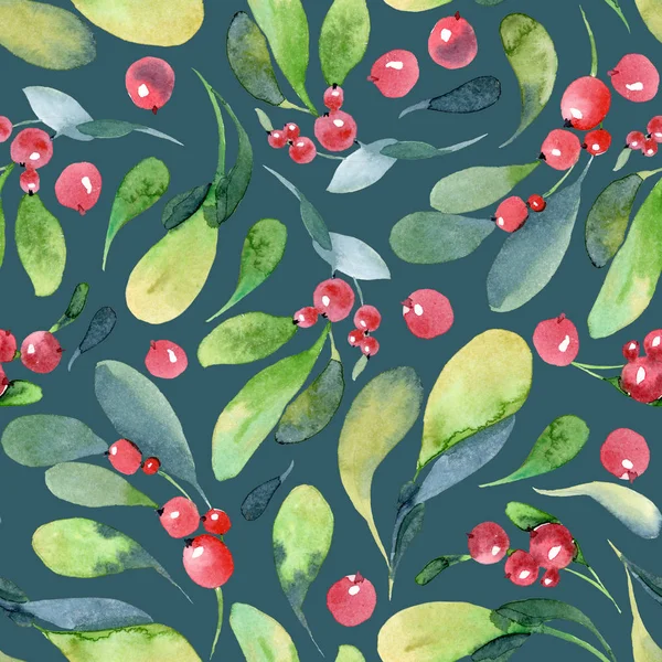 Акварельний фон з листя і червоної ягоди — стокове фото