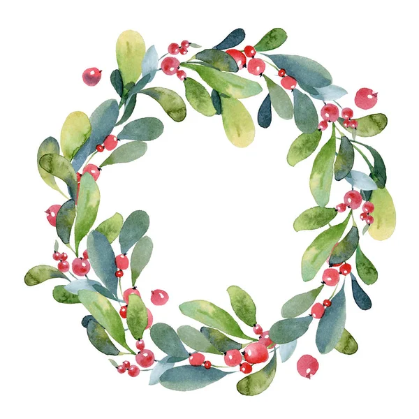 Акварель Різдвяний вінок із зеленої гілки, листя та ягоди — стокове фото