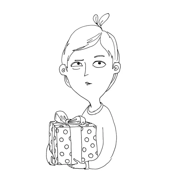 Ilustración vectorial. El chico en suéter marrón tiene un regalo con — Vector de stock