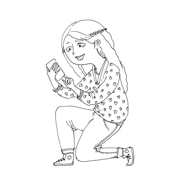 Lachende wit meisje met lang haar maakt een foto. Vector illustra — Stockvector