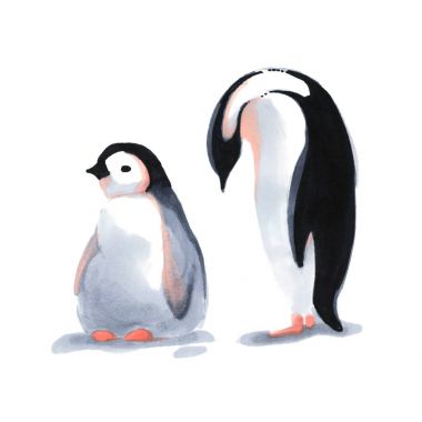 Suluboya penguen ve onun bebek beyaz b kar isolatad üzerinde
