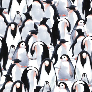 Sulu Boya Dikişsiz desen witn Penguen'in flock kar üzerinde