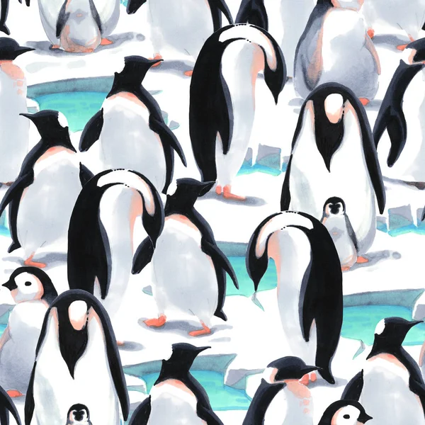 Patrón sin costura de acuarela con bandada de pingüinos en la nieve —  Fotos de Stock