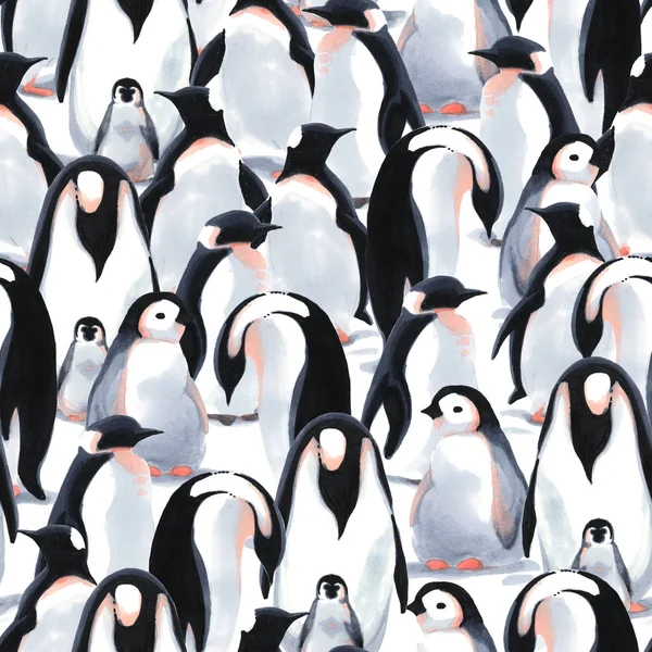 Patrón sin costura de acuarela con bandada de pingüinos en la nieve —  Fotos de Stock