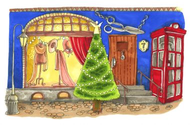 Suluboya kasaba parlak bir Noel vitrin ve bir Ch ile sokak