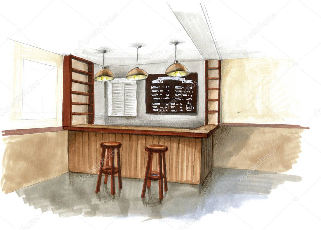 watercolor sketch of interior in a cafe