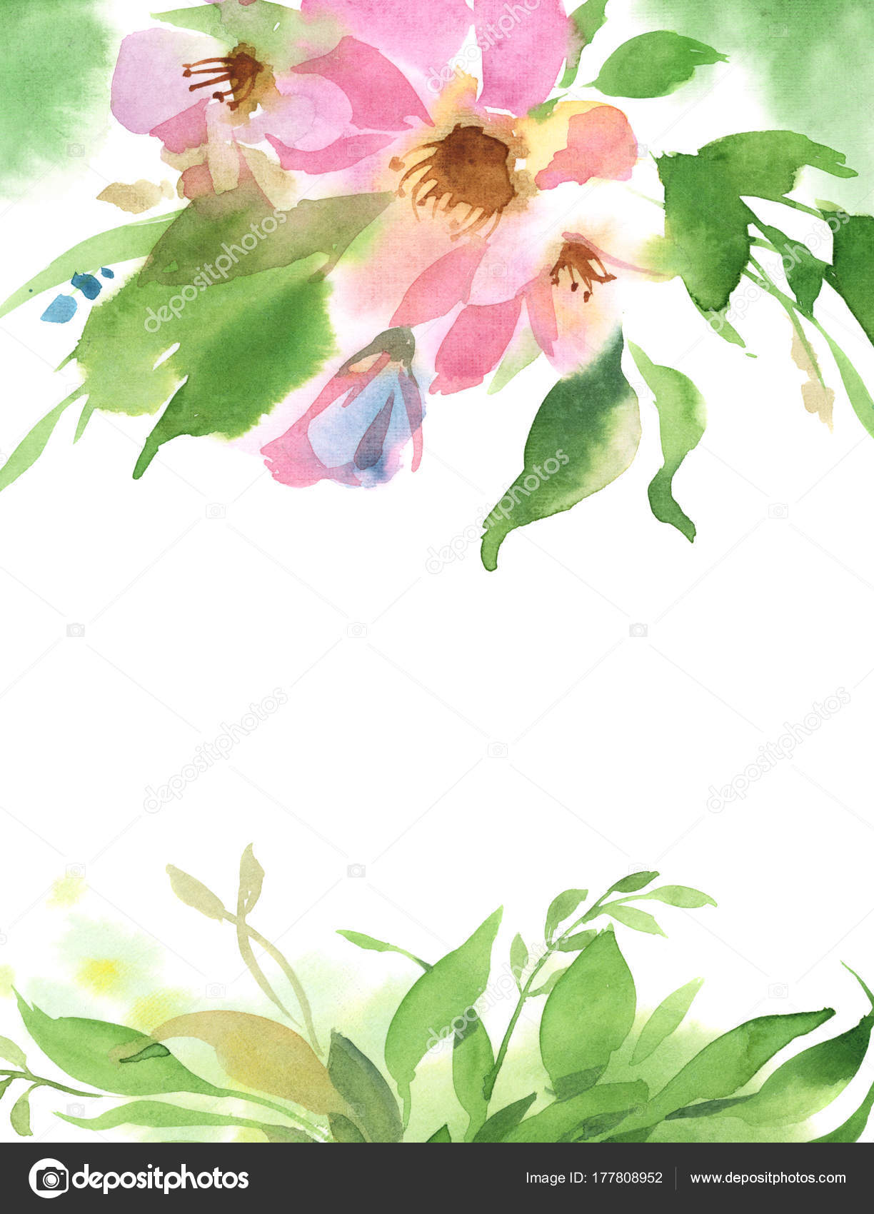 Watercolor Floral Background Of Green Branch Leaves And Rose Fl