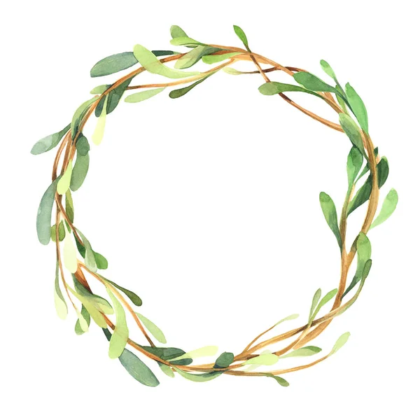 Watercolor green wreath of green buxus branch, leaves and red be