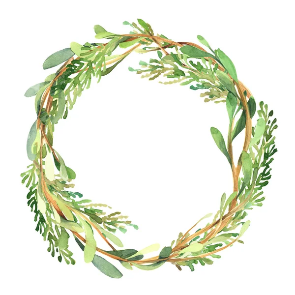 Corona de Navidad acuarela de rama de buxus verde, hojas y re — Foto de Stock