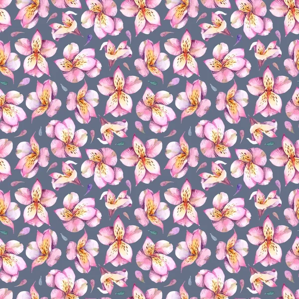 Aquarell nahtloses Muster von rosa Blumen auf dunklem Hintergrund. — Stockfoto